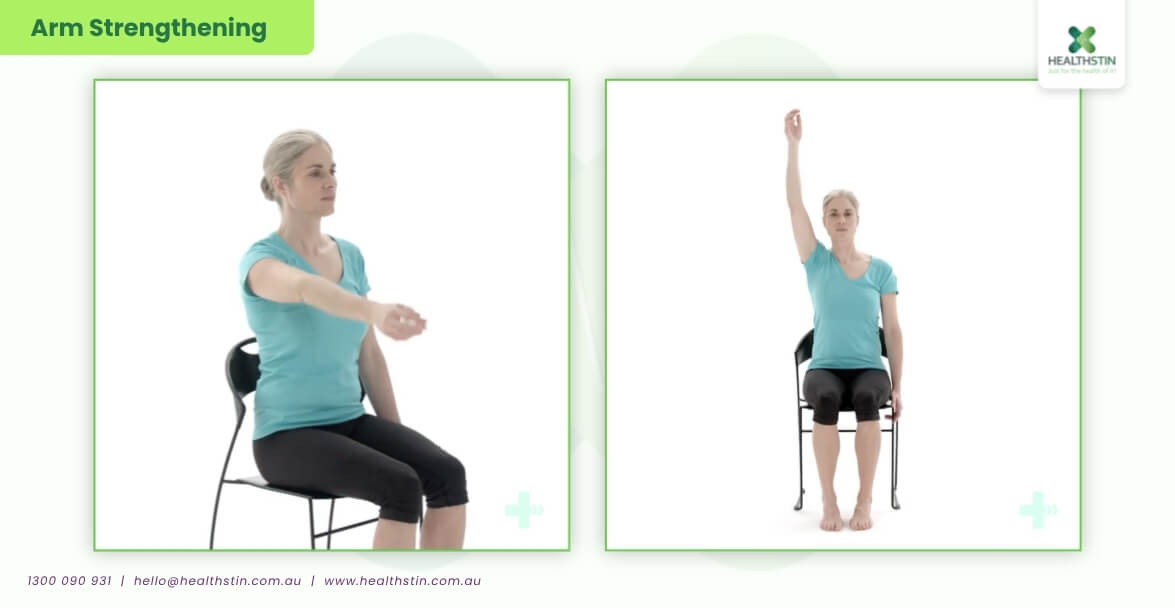 7 Best Exercises for Stroke Patients (Safe & Effective Recovery Guide) 20 Stroke patient performing seated arm strengthening exercises to improve upper body mobility, shoulder movement, arm coordination, and muscle recovery during stroke rehabilitation therapy at Healthstin.