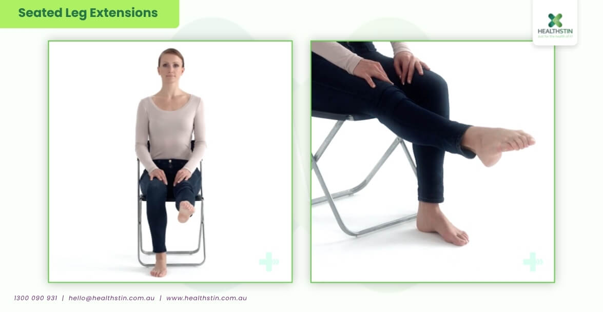 7 Best Exercises for Stroke Patients (Safe & Effective Recovery Guide) 17 Stroke patient performing seated leg extension exercises to improve lower body strength, knee mobility, balance, and stroke rehabilitation recovery while seated on a chair at Healthstin.