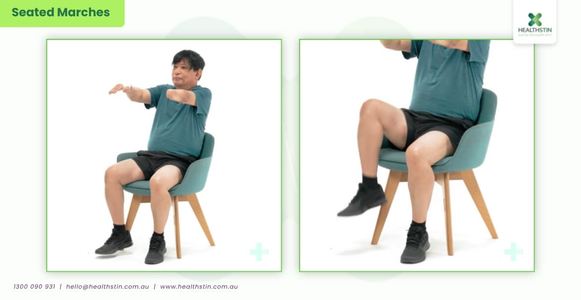 7 Best Exercises for Stroke Patients (Safe & Effective Recovery Guide) 18 Stroke patient performing seated marching exercises to improve leg strength, coordination, circulation, and mobility during seated stroke rehabilitation therapy at Healthstin.