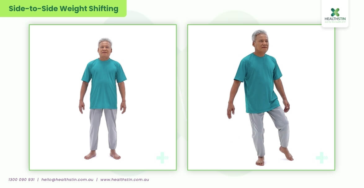7 Best Exercises for Stroke Patients (Safe & Effective Recovery Guide) 23 Stroke patient performing side-to-side weight shifting exercises to improve balance, coordination, stability, and lower body control during stroke rehabilitation therapy at Healthstin.