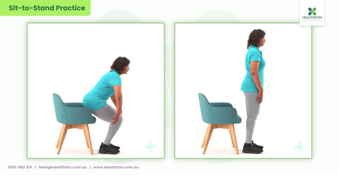 7 Best Exercises for Stroke Patients (Safe & Effective Recovery Guide) 21 Stroke patient practicing sit-to-stand exercises from a chair to improve lower body strength, balance, mobility, and functional independence during stroke rehabilitation therapy at Healthstin.