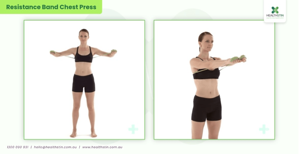 7 Best Exercises for Stroke Patients (Safe & Effective Recovery Guide) 26 Woman performing resistance band chest press exercises to strengthen upper body muscles, improve posture, shoulder stability, and functional movement during physiotherapy rehabilitation at Healthstin.