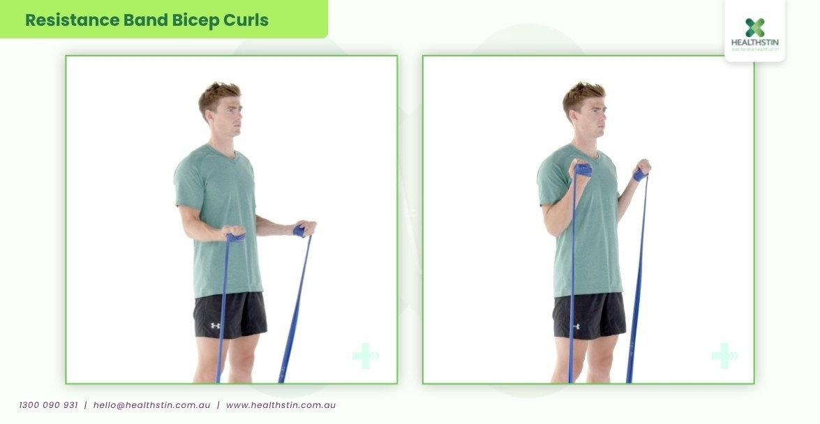 Resistance Band Upper Body Exercises (Complete Guide) 12 Healthstin Blog ResistanceBandUpperBodyExercises ResistanceBandBicepCurls Infographic