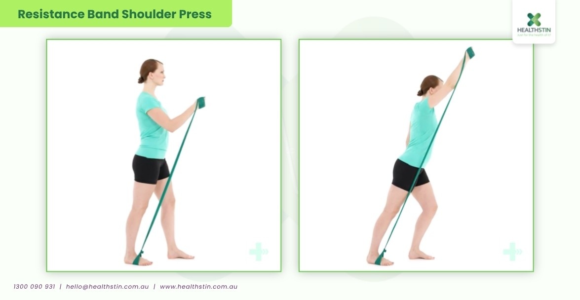 Resistance Band Upper Body Exercises (Complete Guide) 11 Healthstin Blog ResistanceBandUpperBodyExercises ResistanceBandShoulderPress Infographic