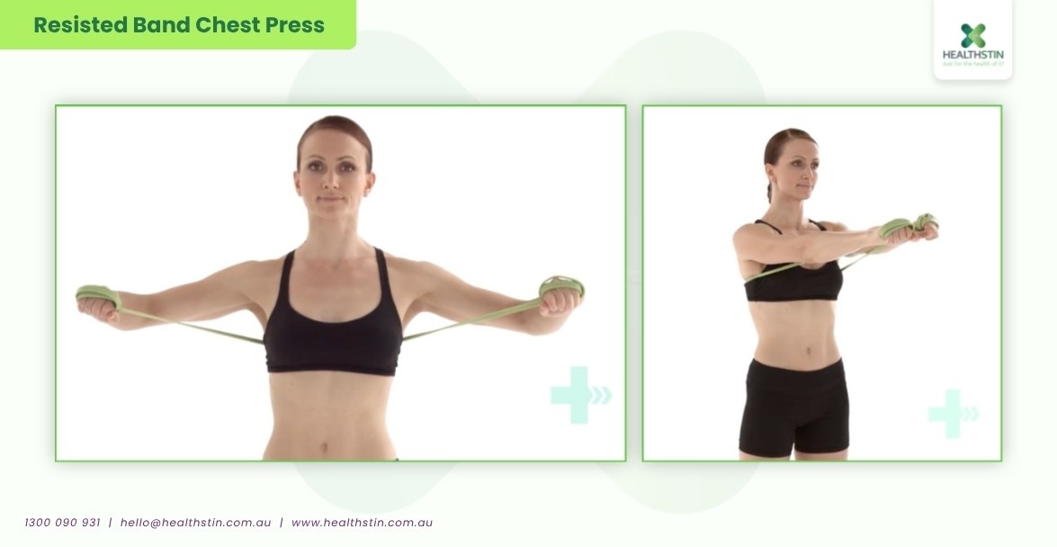 Resistance Band Upper Body Exercises (Complete Guide) 9 Healthstin Blog ResistanceBandUpperBodyExercises ResistedBandChestPress Infographic