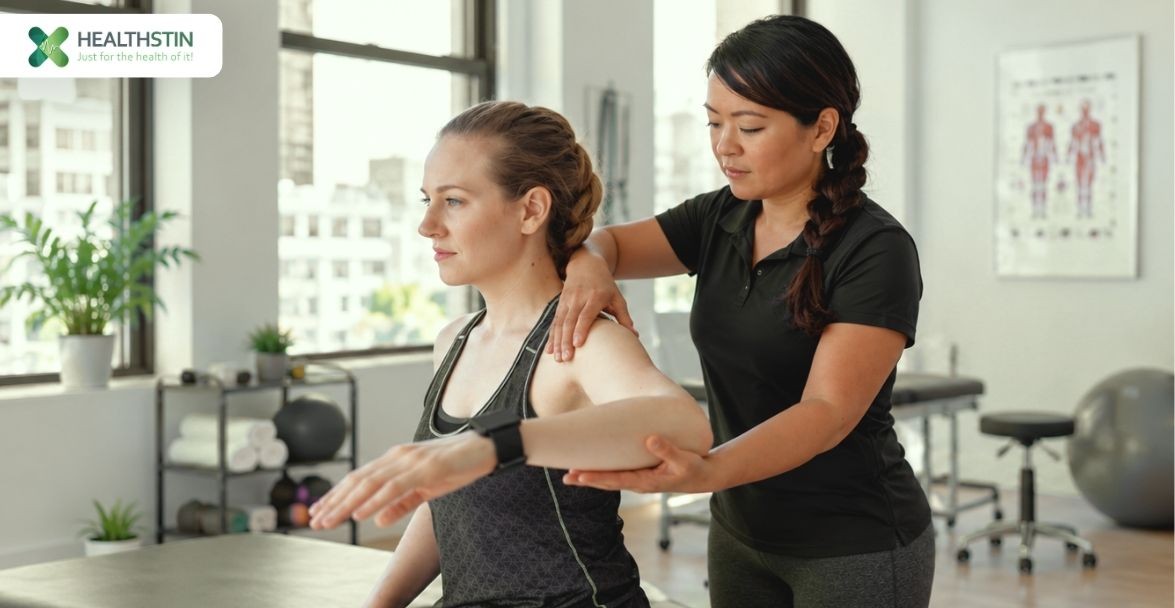 Exercise Physiology Under WorkCover WA: A Guide for Injured Workers 2 Exercise physiologist talking through a recovery plan with an injured worker at a Healthstin clinic in Perth