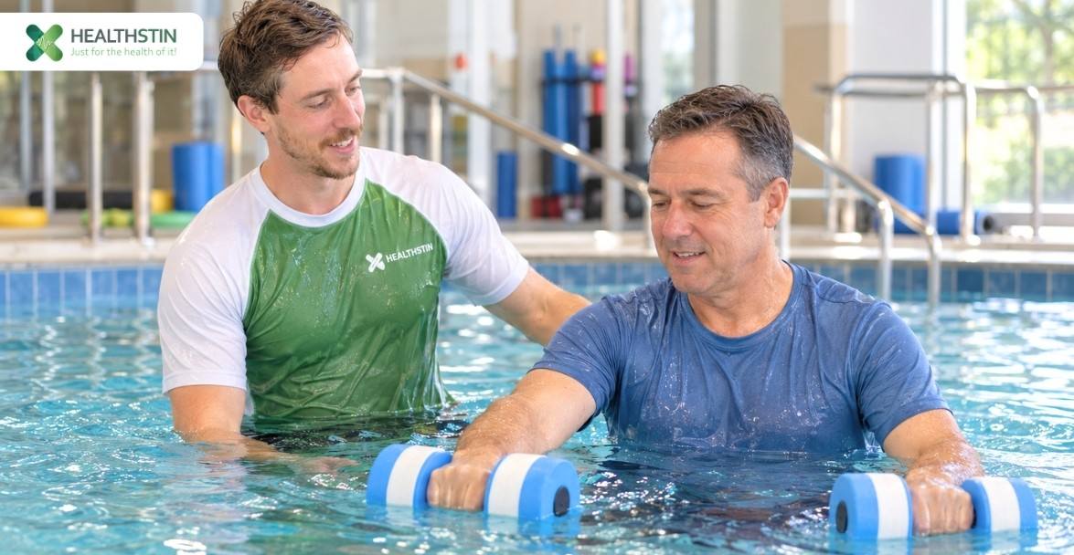 Hydrotherapy for Workers Compensation: Coverage & Access in WA, NSW, SA & VIC 2 Physiotherapist guiding an injured worker through a hydrotherapy session in a heated pool. Infographic