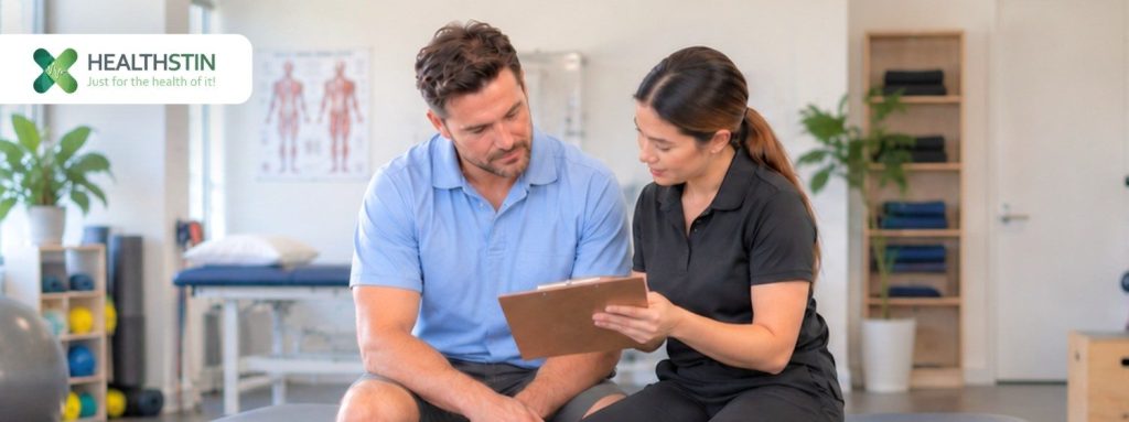 Physiotherapy in Salisbury 19 Hero: Physiotherapist and injured worker reviewing a treatment plan in a Healthstin NSW clinic
